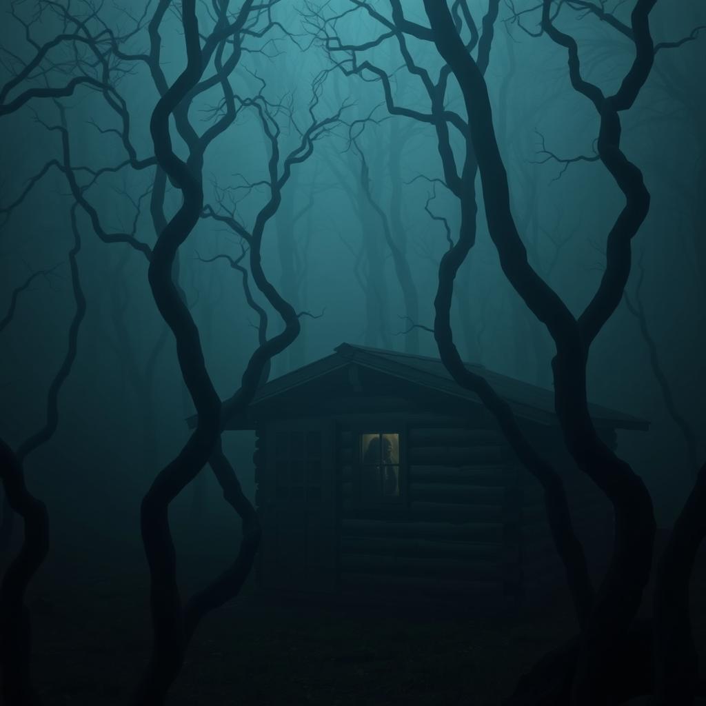 A dense and foggy forest at night, filled with twisted trees that create a mysterious atmosphere