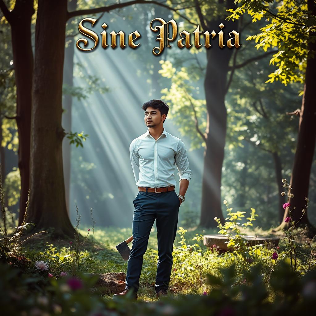 A young man named Jhonas stands in a serene glade within a lush forest, reminiscent of a fairy tale setting