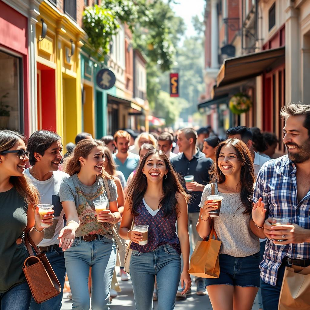 A vibrant street scene filled with diverse people of various ethnicities and ages, cheerfully walking around, engaged in lively conversations