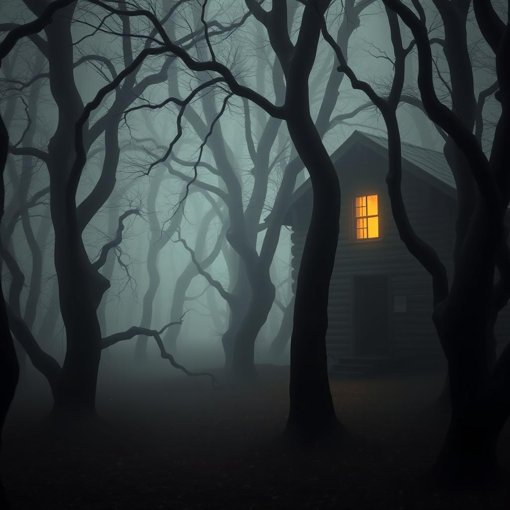 A dense and foggy forest filled with twisted trees casting unsettling shadows