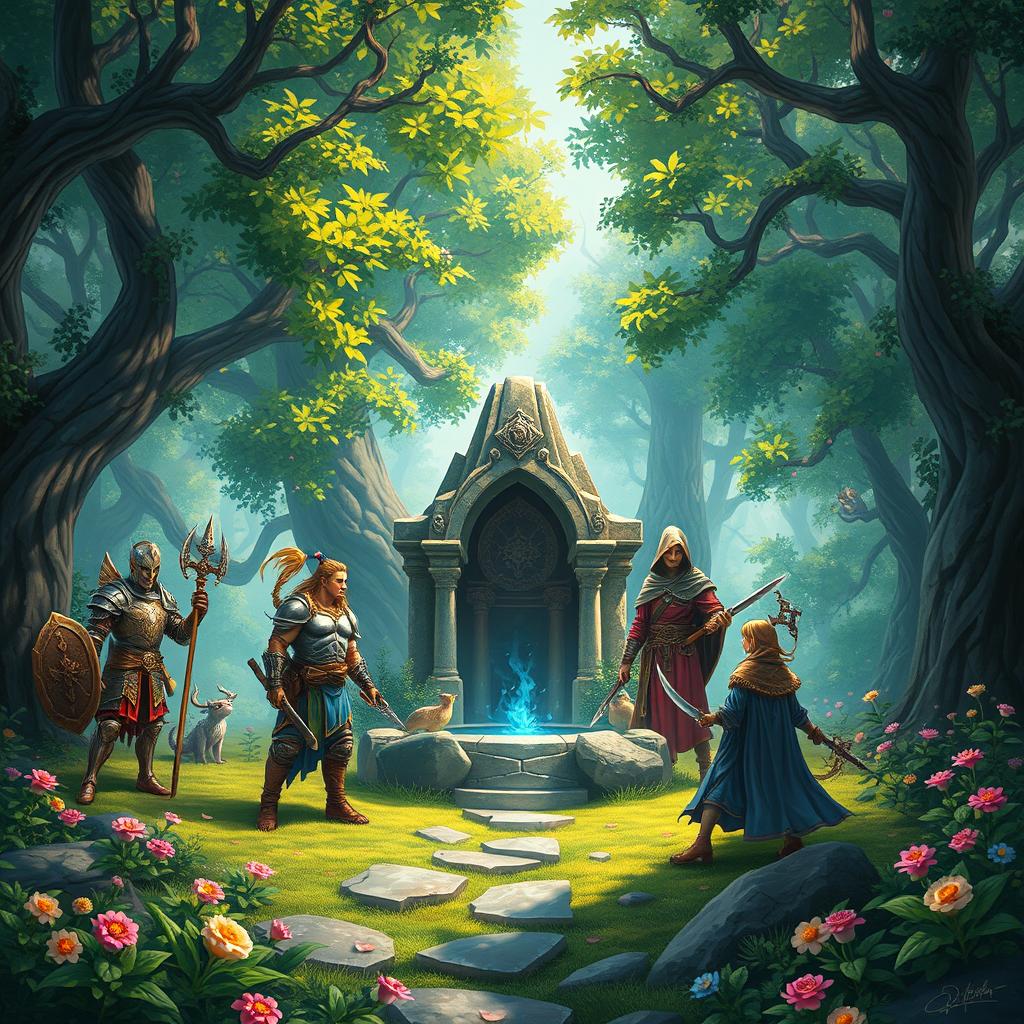 A captivating fantasy scene depicting a group of adventurers, known as the 'Guilda Aventureiros', in a vibrant, magical forest filled with lush green trees and colorful mystical flowers