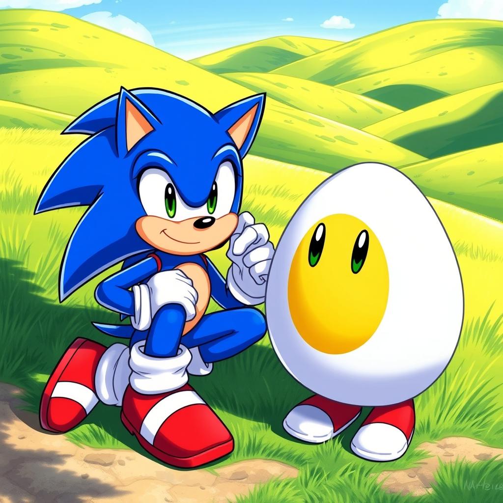 A detailed illustration of Sonic the Hedgehog kneeling beside a Meg Egg character