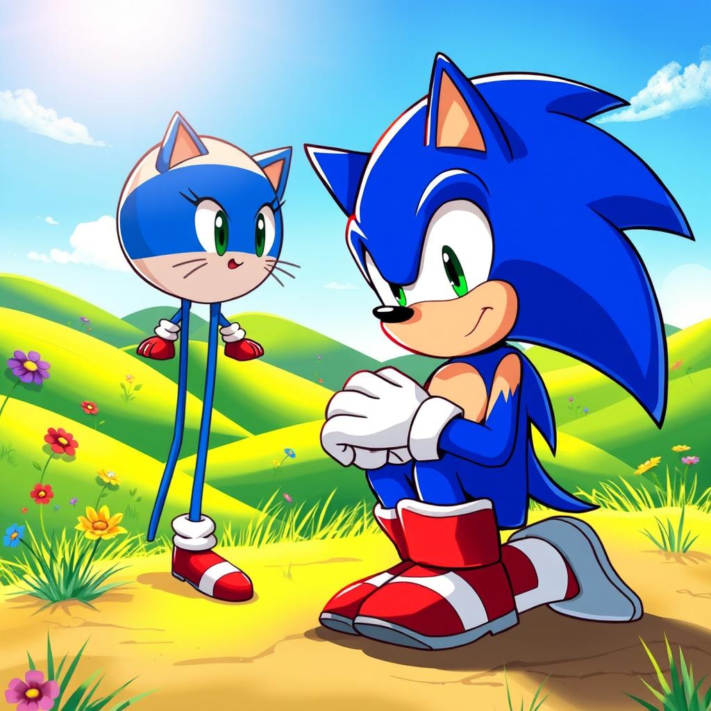 A vivid illustration of Sonic the Hedgehog kneeling on one knee, looking up at a standing Meg Egg character