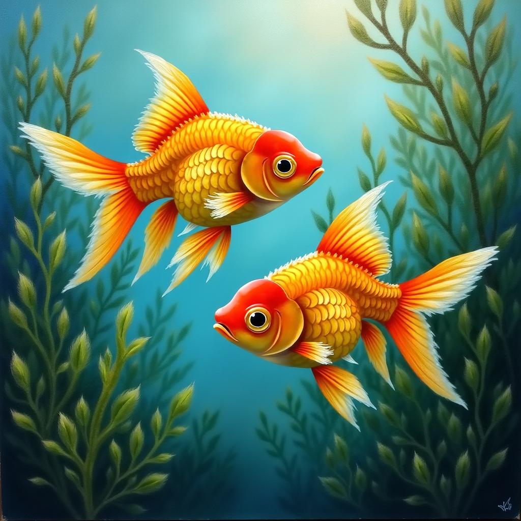 An oil painting featuring two lovely golden fish gracefully swimming amidst lush aquatic plants