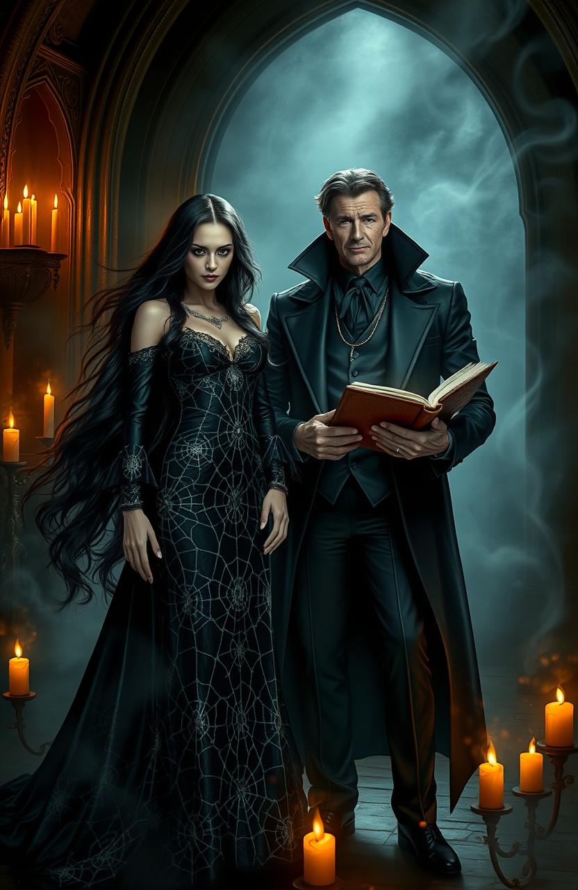 A mysterious and elegant witch stands in a dimly lit chamber, surrounded by ethereal shadows and flickering candles
