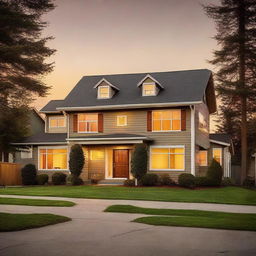 A picturesque suburban home bathed in the warm glow of a sunset.