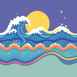 A cute, pixel art representation of internet traffic illustrated as colorful waves, with each wave creatively designed to resemble stacks of money flowing through a digital landscape