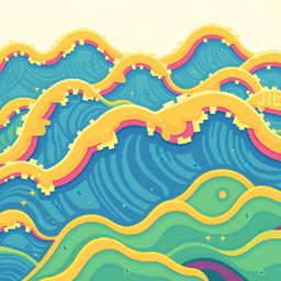 A cute, pixel art representation of internet traffic illustrated as colorful waves, with each wave creatively designed to resemble stacks of money flowing through a digital landscape