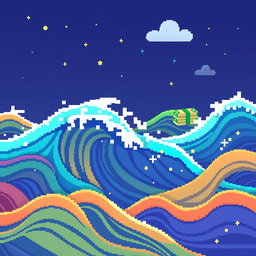 A cute, pixel art representation of internet traffic illustrated as colorful waves, with each wave creatively designed to resemble stacks of money flowing through a digital landscape