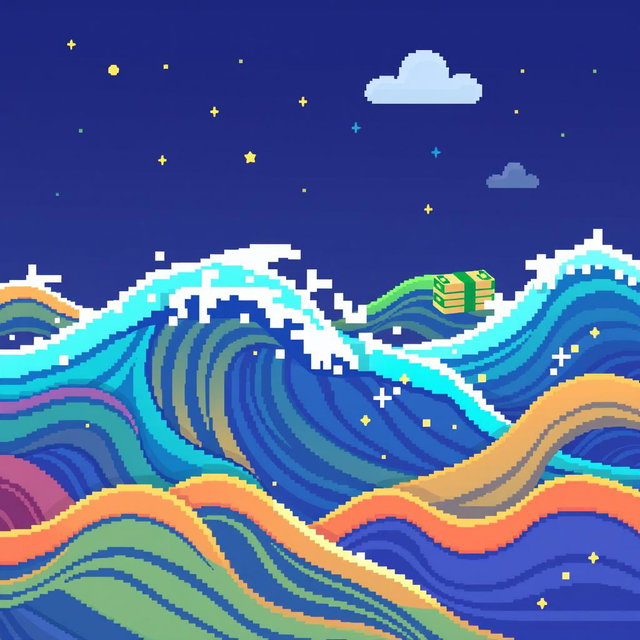 A cute, pixel art representation of internet traffic illustrated as colorful waves, with each wave creatively designed to resemble stacks of money flowing through a digital landscape