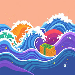 A cute, pixel art representation of internet traffic illustrated as colorful waves, with each wave creatively designed to resemble stacks of money flowing through a digital landscape