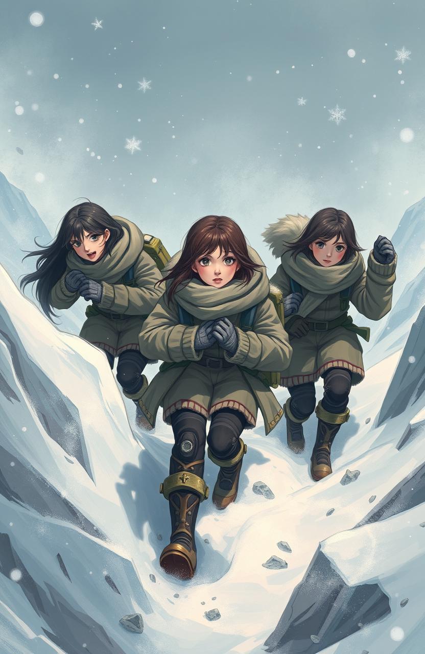 A group of determined girls, depicted as strong yet vulnerable, navigating a perilous and snowy landscape
