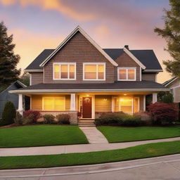 A picturesque suburban home bathed in the warm glow of a sunset.