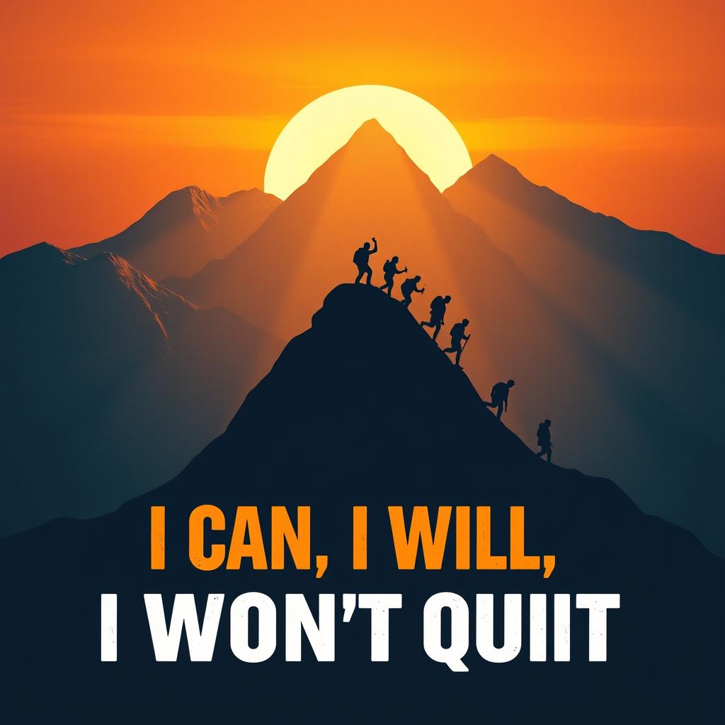 A powerful and motivational design embodying strength and resilience, featuring the text "I can, I will, I won't quit" in bold, inspirational typography