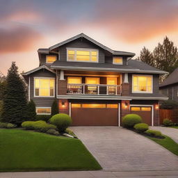 A picturesque suburban home bathed in the warm glow of a sunset.