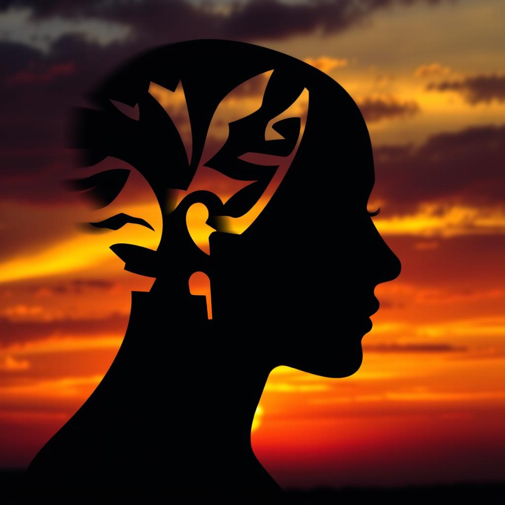 An artistic representation of abstract shadows of a face cut out against a stunning sunset