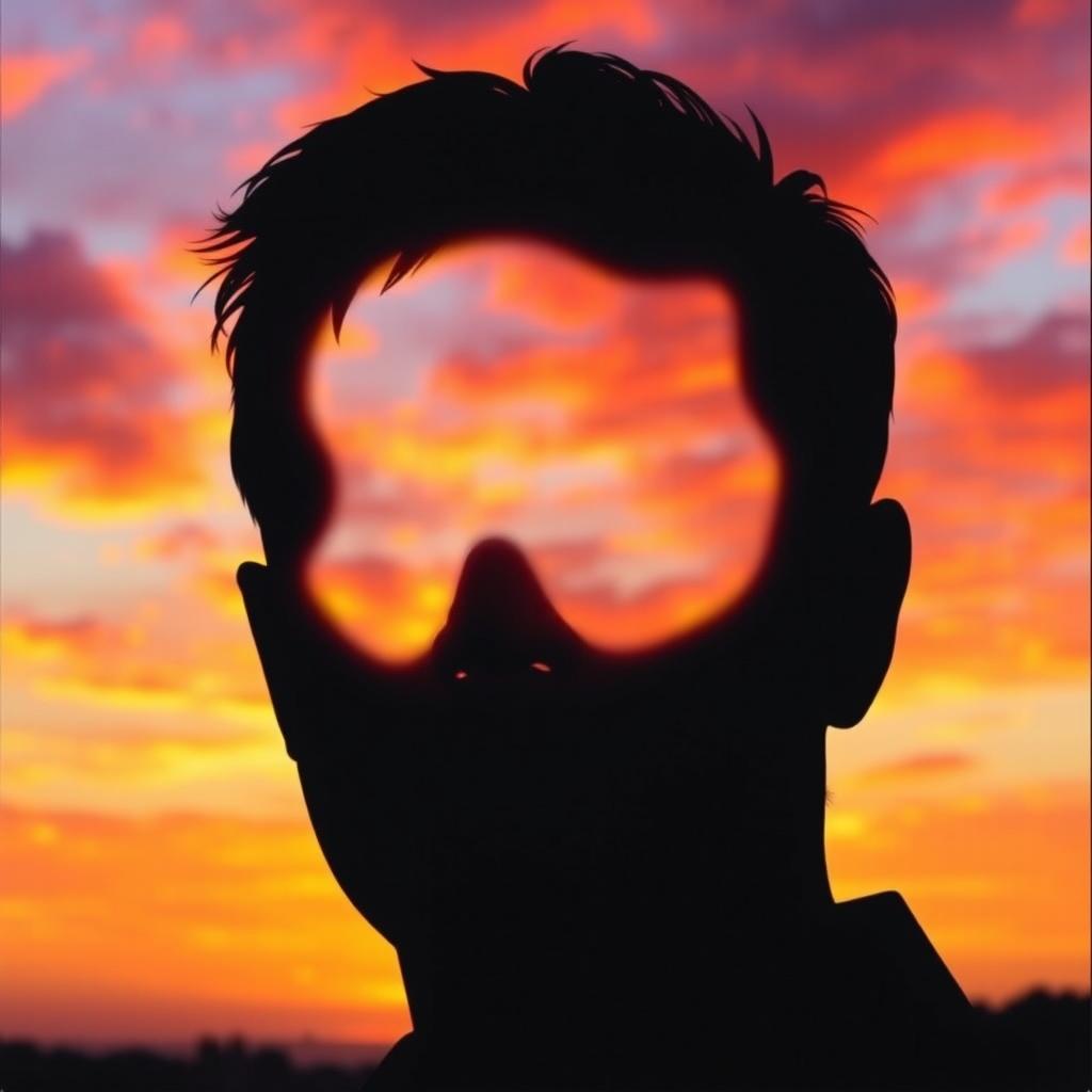 An imaginative artwork featuring the shadows of a face artistically cut out and layered on top of a stunning sunset