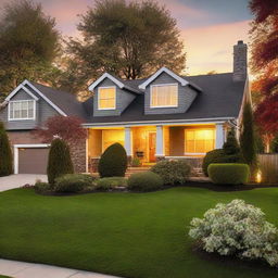 A picturesque suburban home bathed in the warm glow of a sunset.