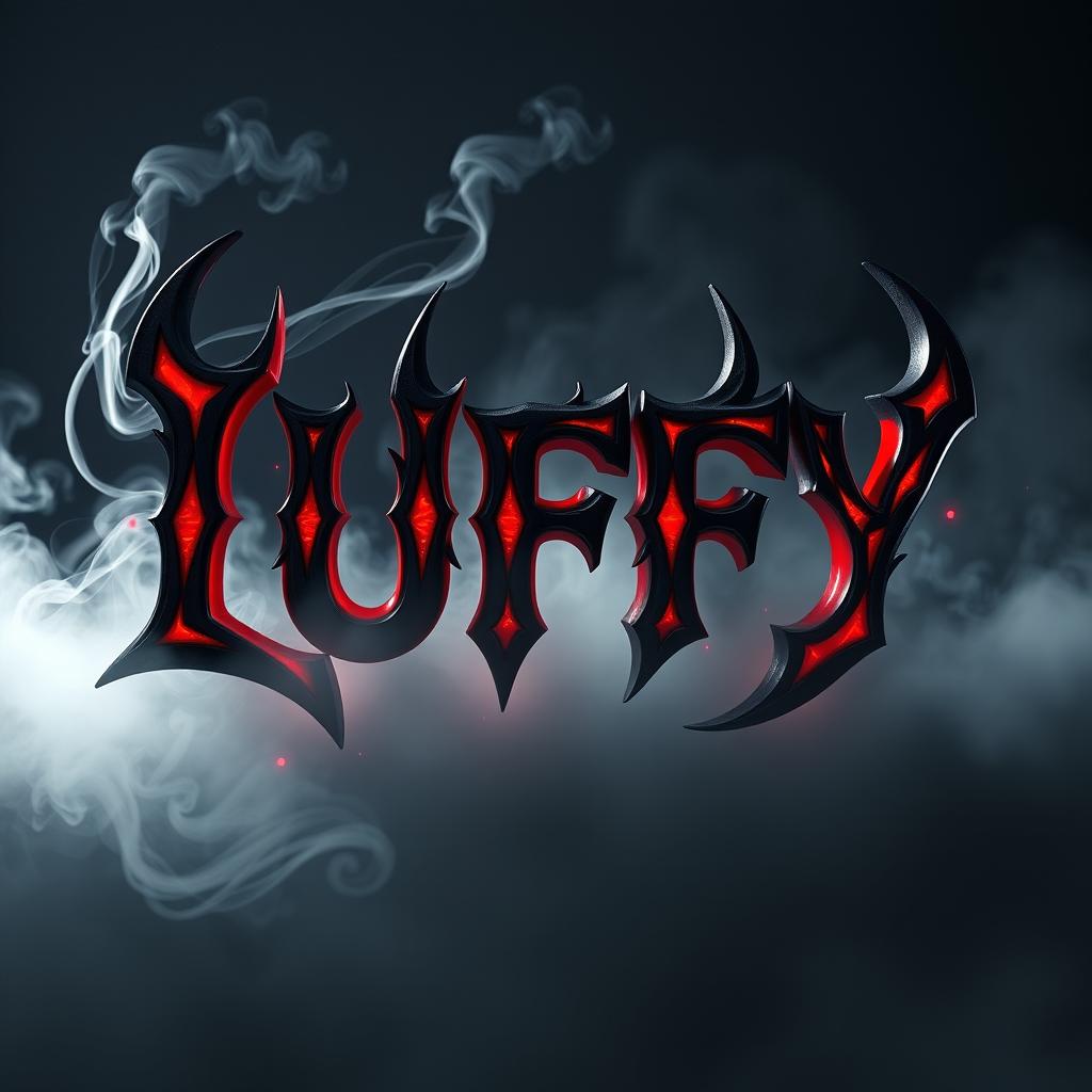 A striking 3D representation of the word 'LUFFY' adorned with a demonic and eerie theme