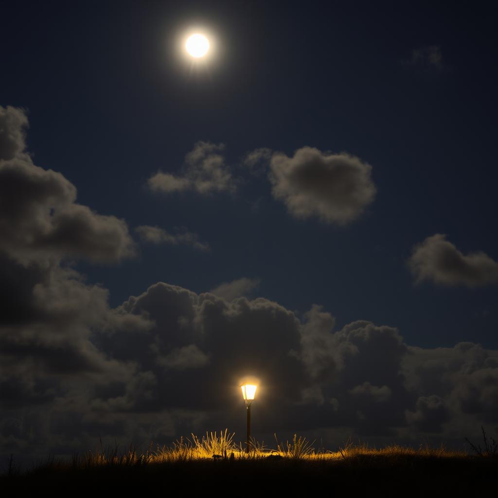A picturesque night scene featuring a bright lamp illuminating its surroundings under a clear sky filled with fluffy clouds