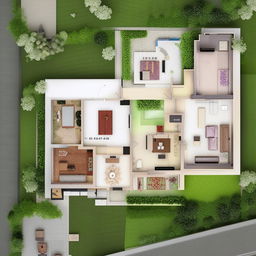 Generate a two-story house design where the ground floor contains 1 large hall, and the 1st floor contains 3 rooms, 2 bathrooms, 1 kitchen, 1 big hall, 1 small worship room, and stairs.