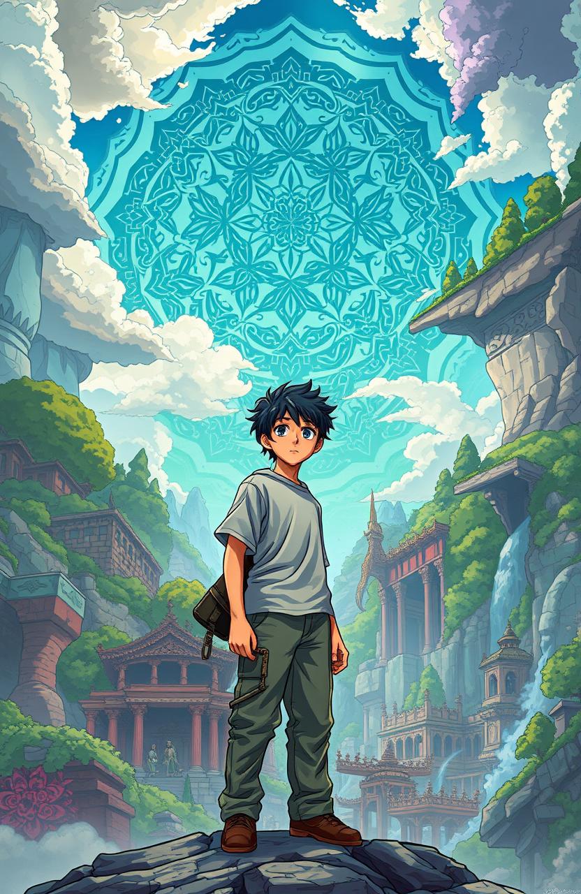 A scene from a fantasy novel, depicting Akira, an ordinary boy, facing a series of challenges that will determine his destiny as a Guardian of worlds
