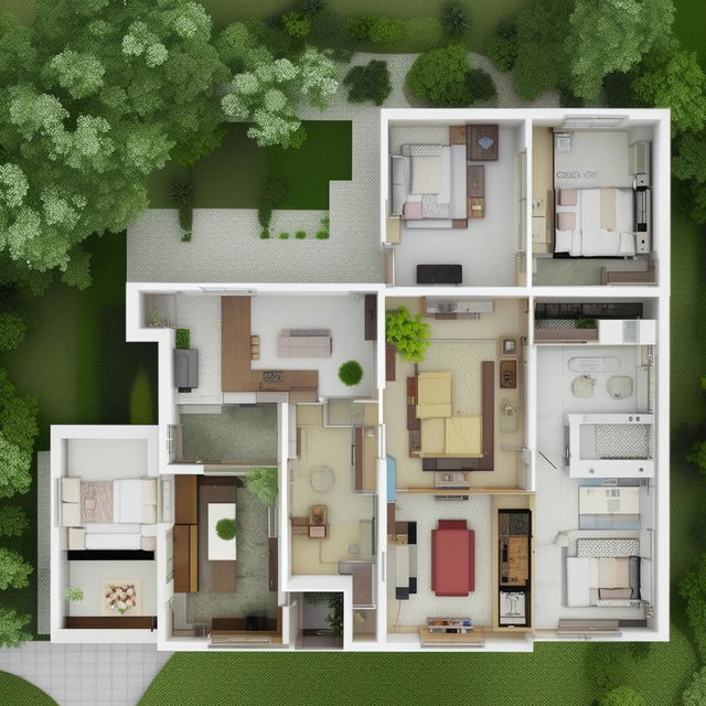 Generate a two-story house design where the ground floor contains 1 large hall, and the 1st floor contains 3 rooms, 2 bathrooms, 1 kitchen, 1 big hall, 1 small worship room, and stairs.