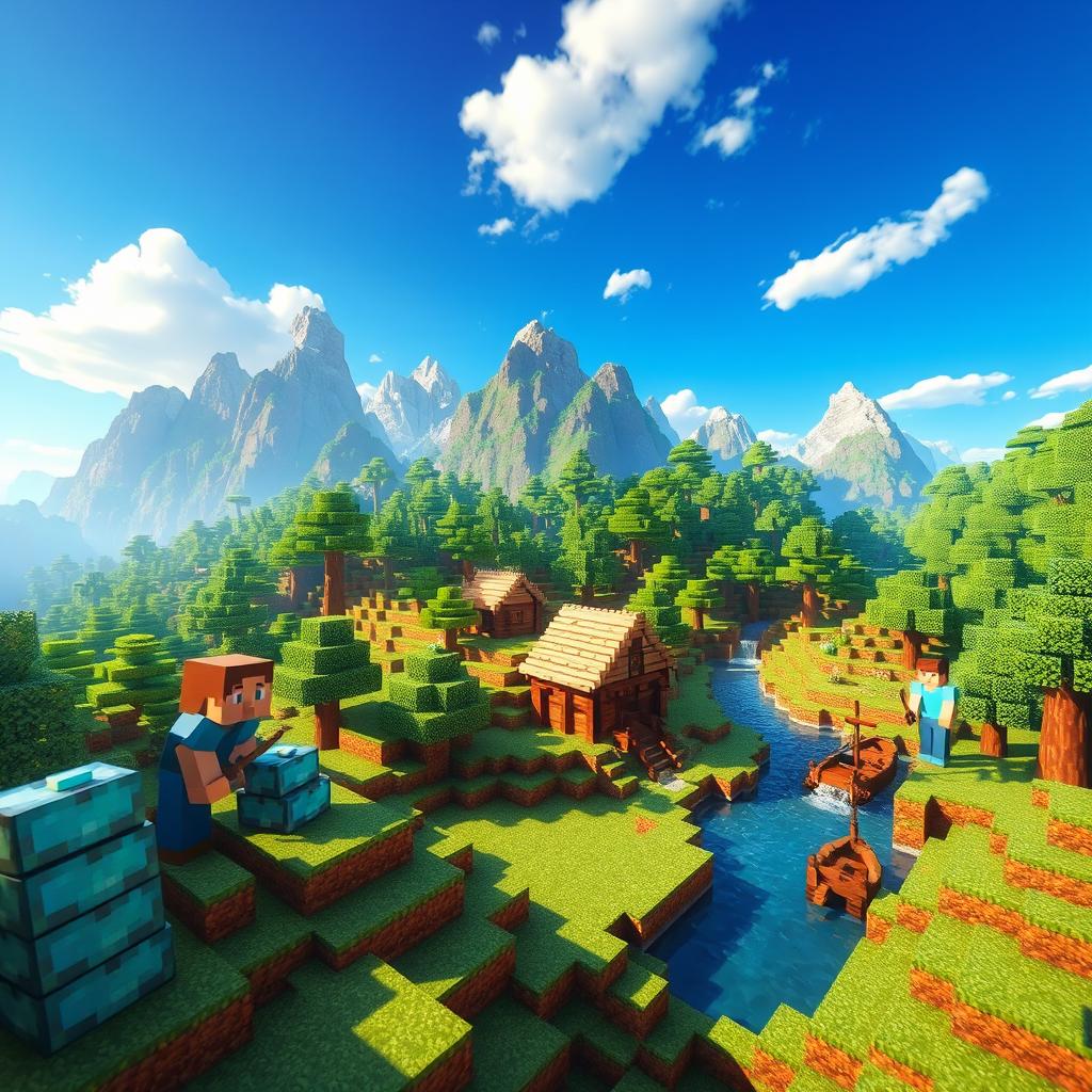 A vibrant and dynamic Minecraft landscape showcasing a colorful blocky world filled with lush green forests, towering mountains, and a serene blue sky