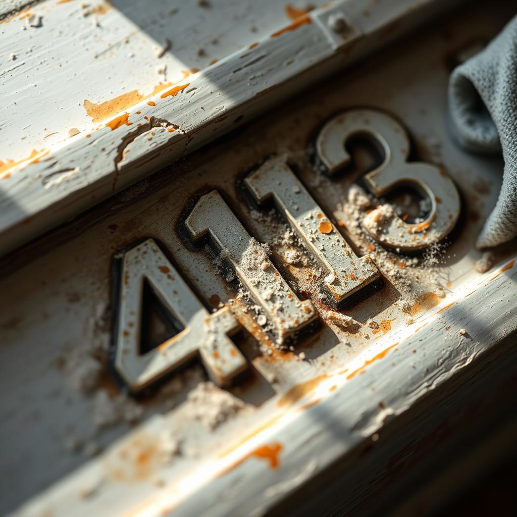 A close-up image of a weathered and slightly dusty surface, focusing on cleaning the number 413, which should be clearly replaced with the number 418