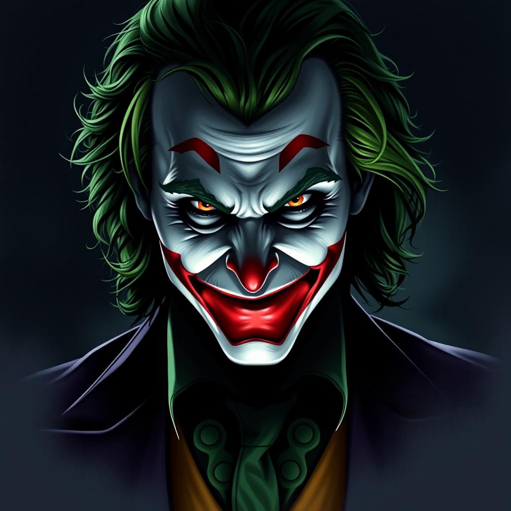 A realistic vector artwork of the Joker inspired by the movie "The Dark Knight", featuring a mysterious smile