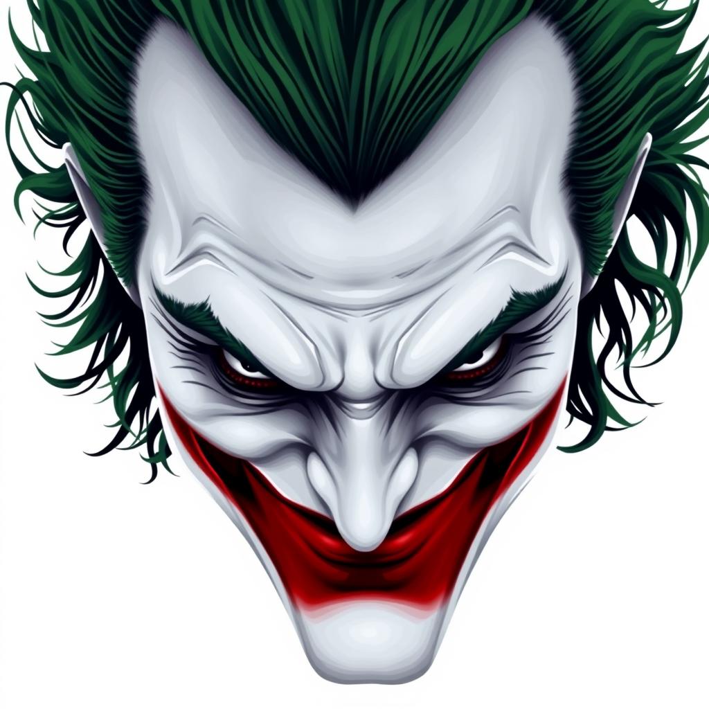 A realistic vector artwork of the Joker inspired by the movie "The Dark Knight", featuring a mysterious smile against a white background