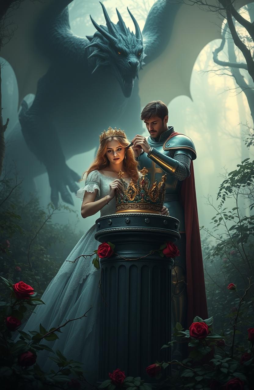 A princess holding a queen's crown resting on a pillar, her hands ensnared in rose thorns