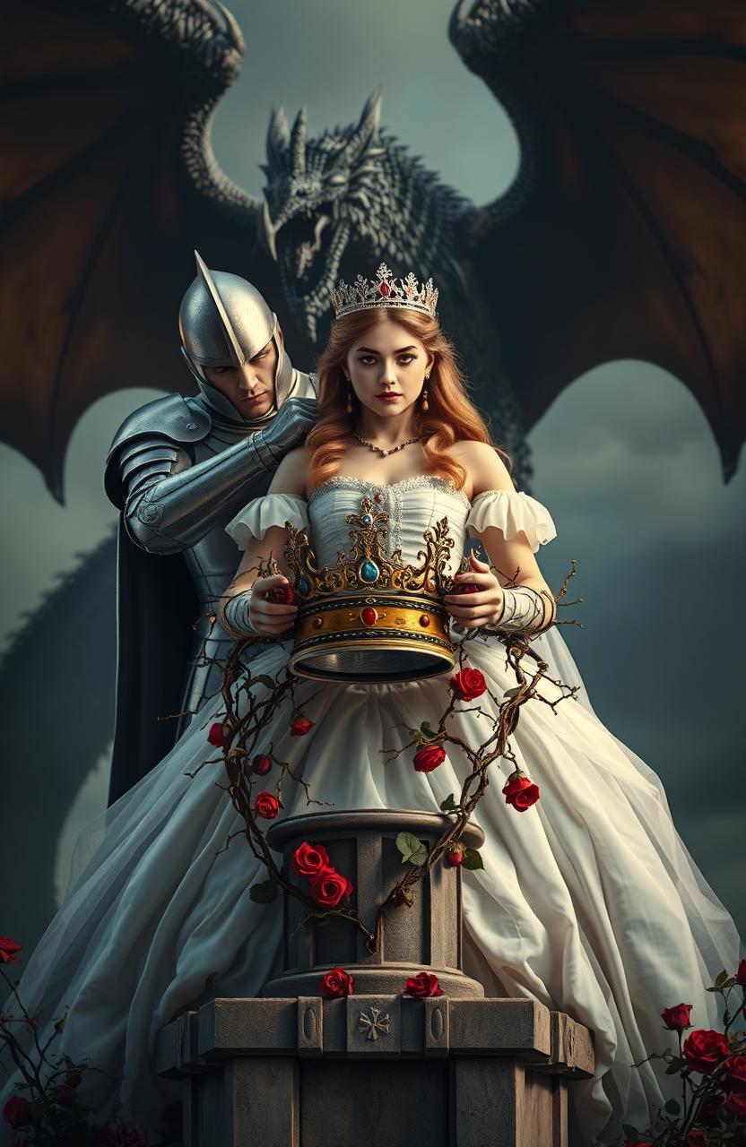 A princess holding a queen's crown positioned on a pedestal, her hands ensnared in thorny rose vines