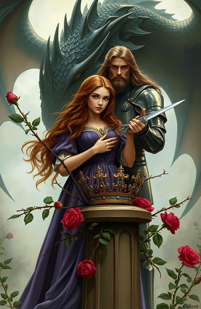 A brown-haired princess holding a queen's crown that is resting on a pillar, with her hands caught in thorny rose stems