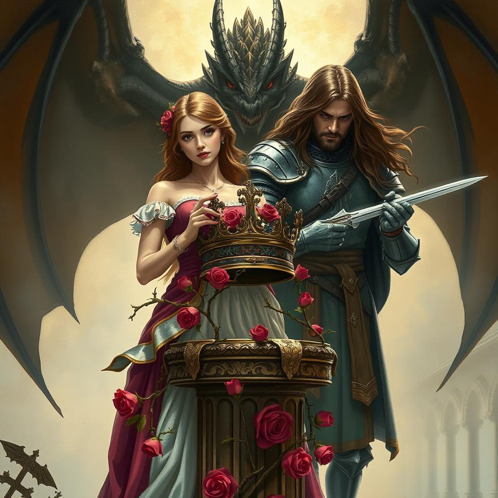 A brown-haired princess elegantly holding a queen's crown that rests on a pillar, her hands ensnared in thorny rose stems