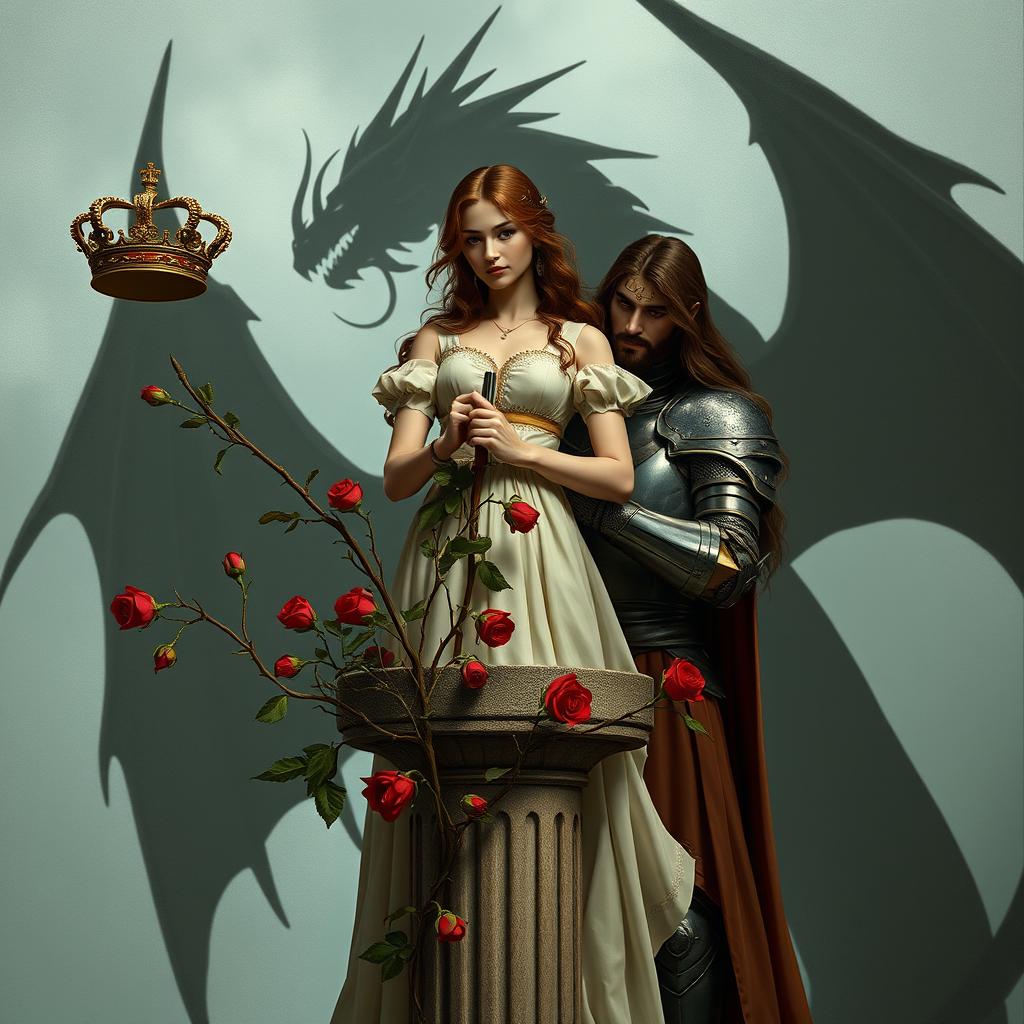 A brown-haired princess gracefully holding a queen's crown perched atop a pillar, her delicate hands ensnared in thorny rose stems