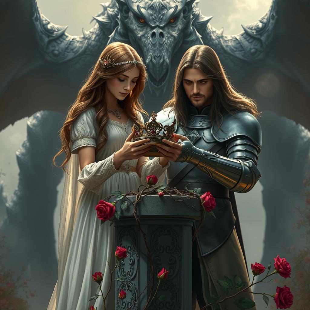 A brown-haired princess delicately holding a queen's crown perched on a pillar, her hands ensnared in thorny rose stems