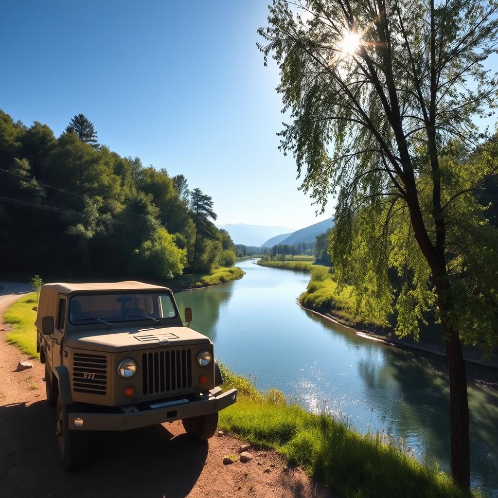 A scenic photograph of a Gaz M72 vehicle parked near a winding river, surrounded by lush greenery