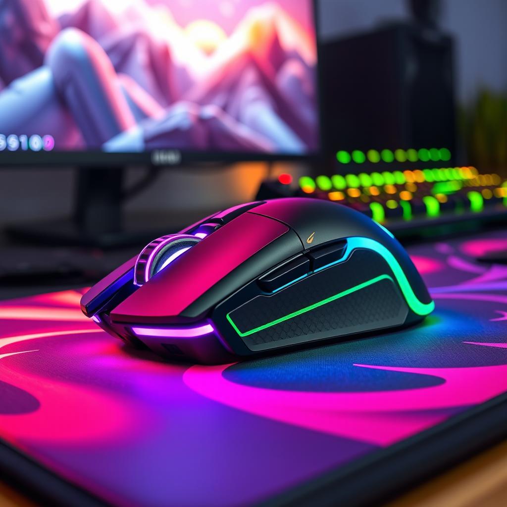 A high-quality wireless gaming mouse, sleek and futuristic design with customizable RGB lighting, featuring an ergonomic shape for comfort during long gaming sessions