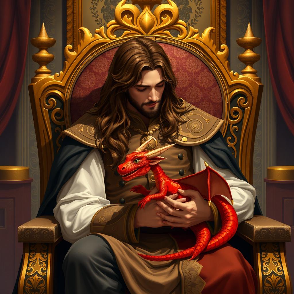 A long-haired brown-haired prince without a beard sitting on an ornately designed throne, gently cradling a small red dragon hatchling in his lap