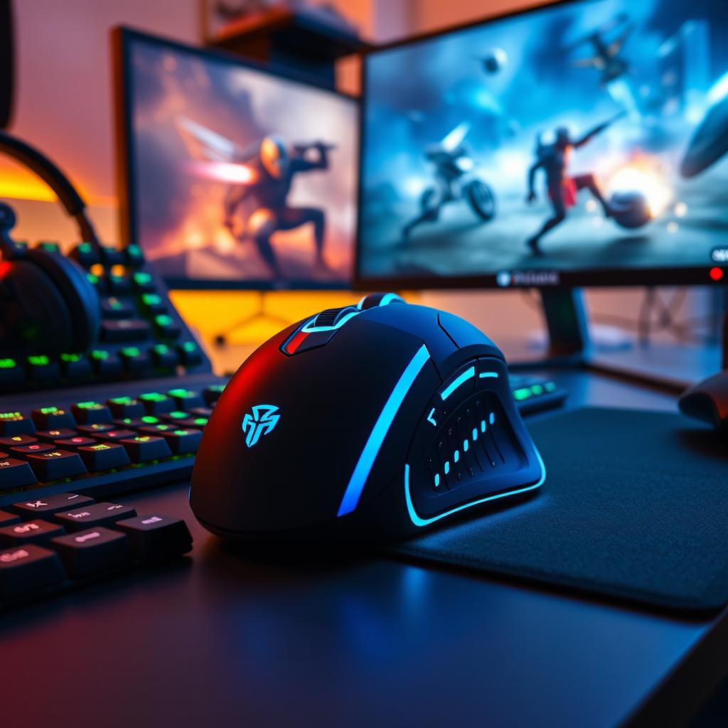 A high-quality image showcasing the best wireless gaming mouse on a sleek gaming desk setup