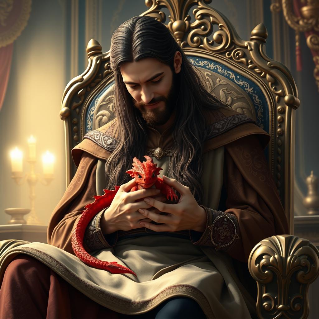 A long-haired brown-haired prince without a beard sitting majestically on an ornate throne, gently cradling a small red dragon hatchling in his lap