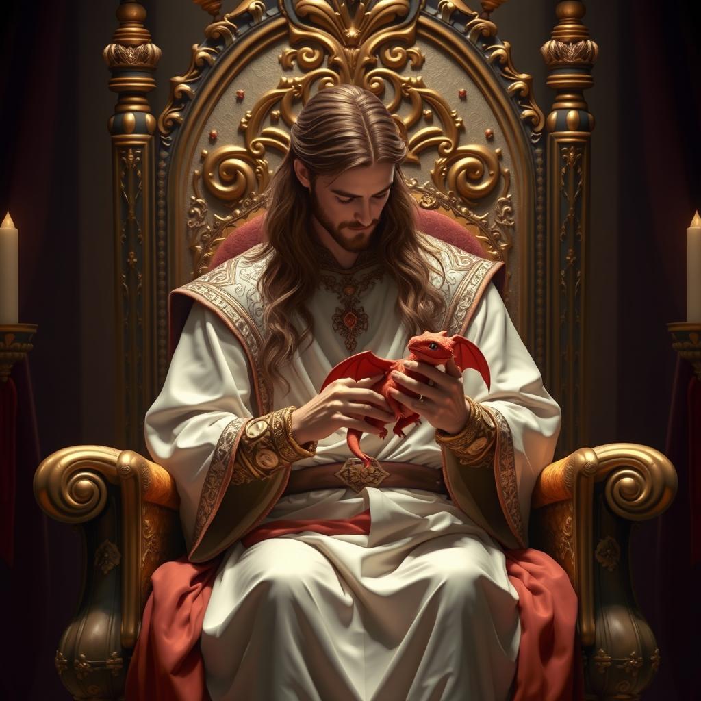 A long-haired brown-haired prince without a beard gracefully seated on a beautifully ornate throne, gently holding a small red dragon hatchling in his lap