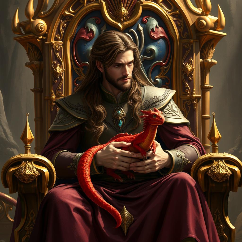 A long-haired brown-haired prince without a beard seated elegantly on a magnificent throne, cradling a small red dragon hatchling in his lap