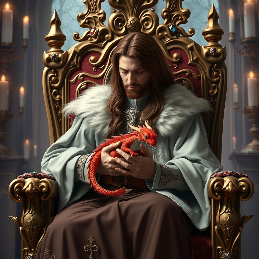 A long-haired brown-haired prince without a beard seated elegantly on a grand throne, tenderly holding a small red dragon hatchling in his lap
