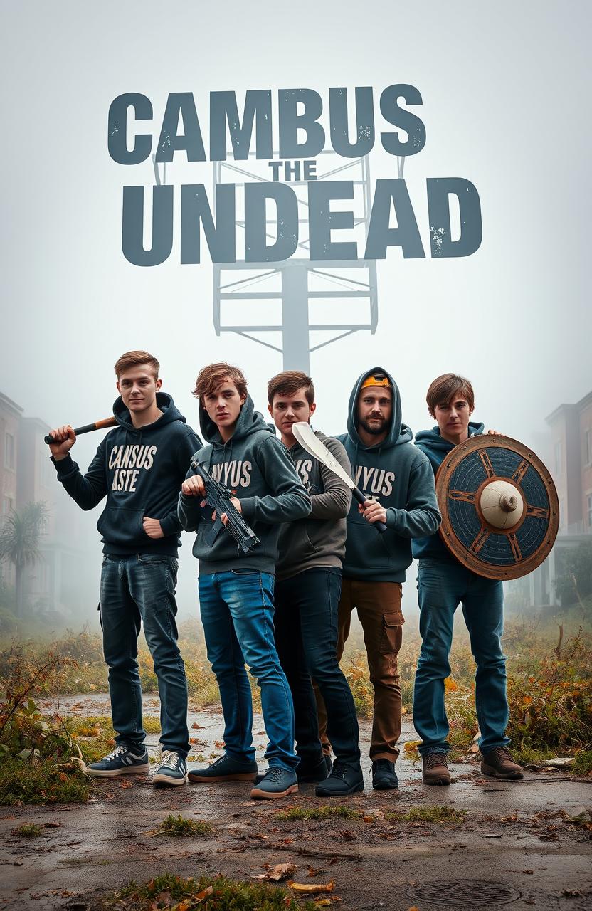 Four male college students standing confidently in a prepared stance, each holding unique weapons for a zombie apocalypse scenario