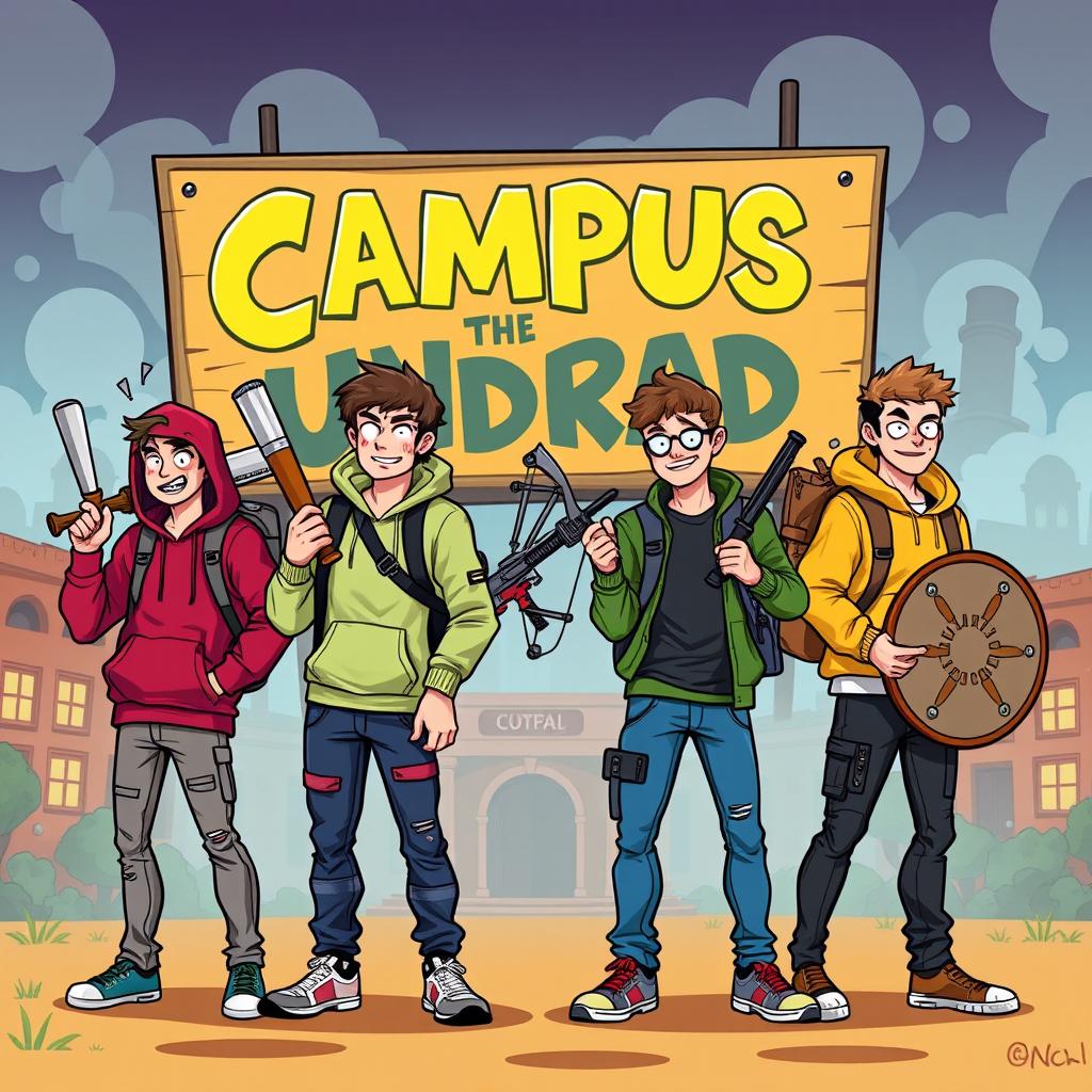 Four male college students illustrated in a vibrant cartoon style, standing confidently in a prepared stance for a zombie apocalypse scenario
