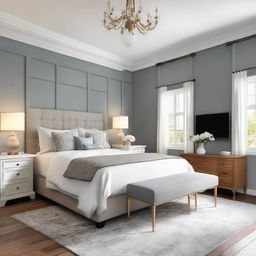 Design a cozy, stylish bedroom with dimensions of 19 x 12 ft, featuring a bed, a window, nightstands, and lamps, all harmoniously arranged to make the room feel welcoming and comfort
