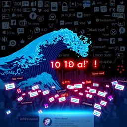 Create a vibrant digital poster featuring a dynamic wave surging across a dark, cyber-themed backdrop