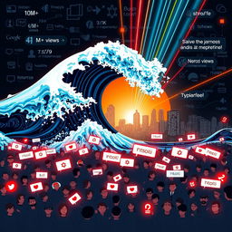 Create a vibrant digital poster featuring a dynamic wave surging across a dark, cyber-themed backdrop